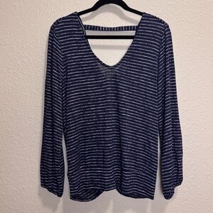 Liverpool Los Angeles Navy Blue White Stripe Twist Back Long Sleeve Top Women M